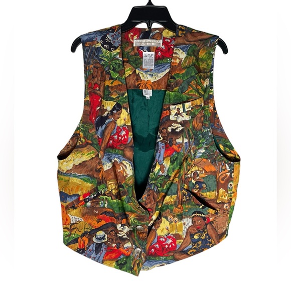 VTG 90s Anne Pinkerton Ape Womens Large Silk Tribal Landscape Print Vest Blouse - Picture 2 of 6
